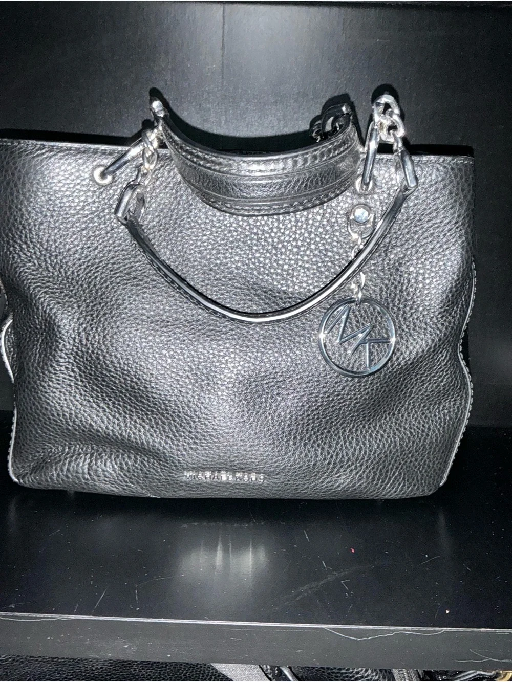 Michael Kors Black Textured Leather Bag with Logo Charm